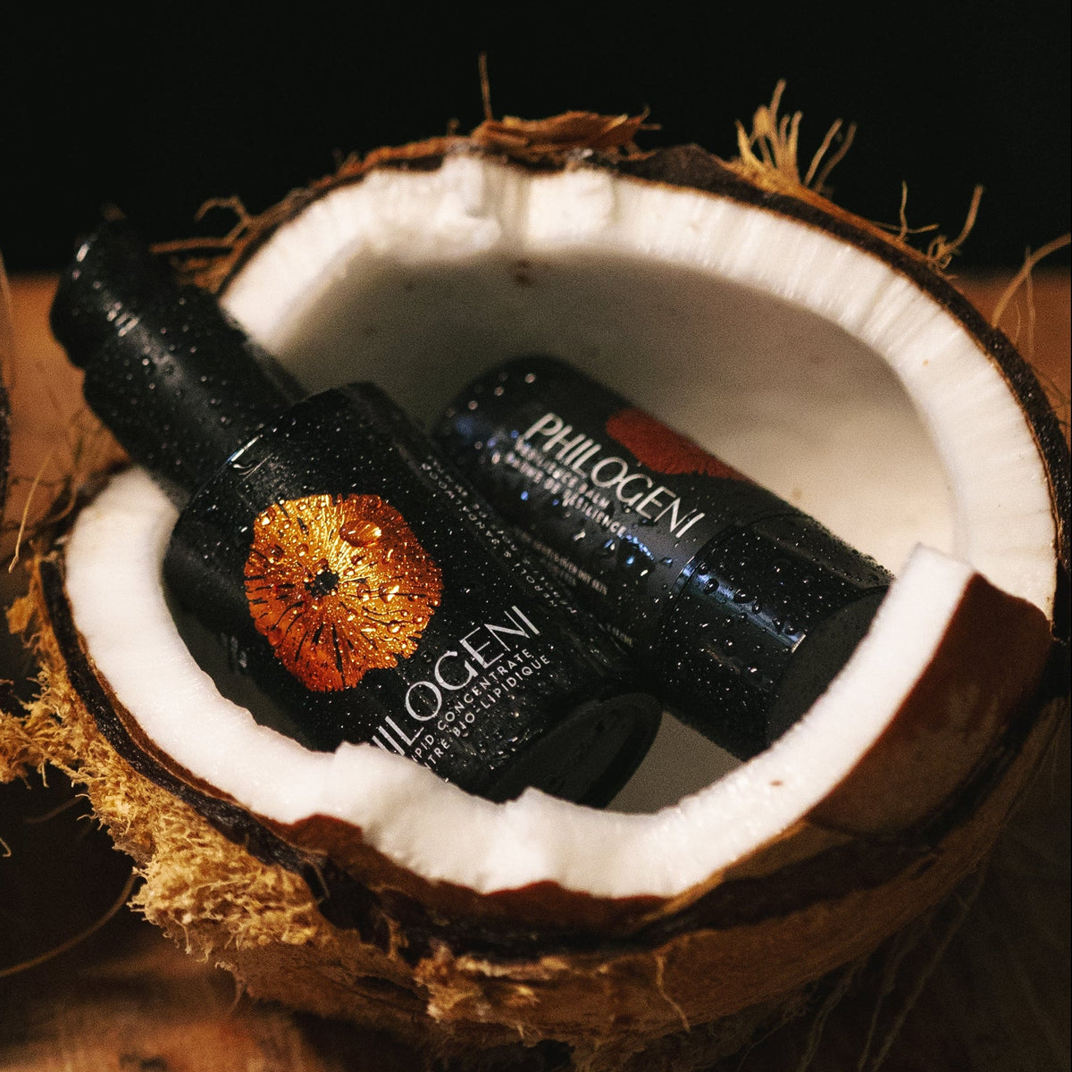 Copper Guasha from Philogeni resting in a Coconut shell with M-Veil Resilience Balm and Antioxidant Serum