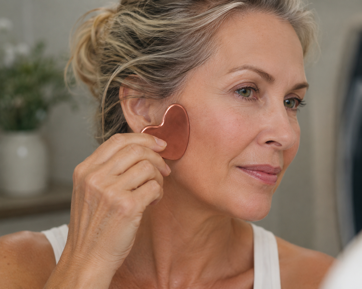 A woman gliding a copper Philogeni gua sha along her cheek, using it with a facial serum as part of a slow facial massage.