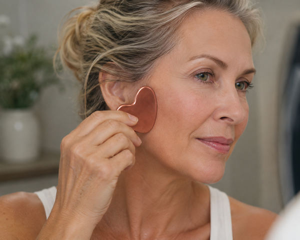 A woman gliding a copper Philogeni gua sha along her cheek, using it with a facial serum as part of a slow facial massage.